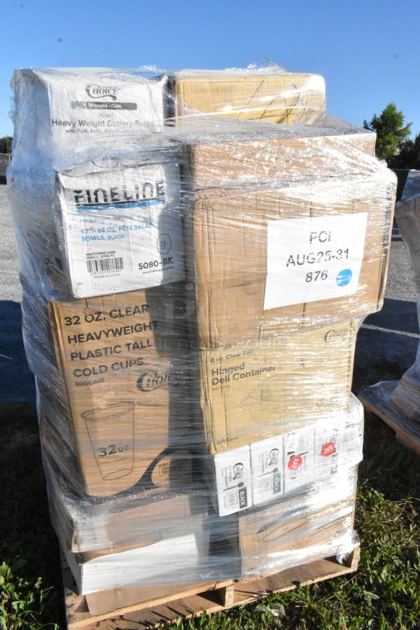 Pallet with boxed items including trash bags, paper towels, deli containers, cups, wrapped in plastic. Mixed brand labels visible.