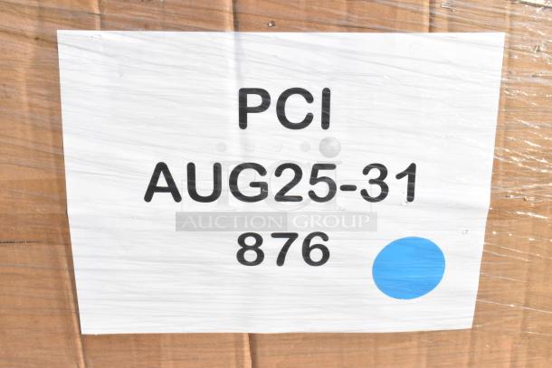 Cardboard box wrapped in plastic with a label reading "PCI AUG25-31 876" and a blue dot. Packaging suggests scratch and dent items.