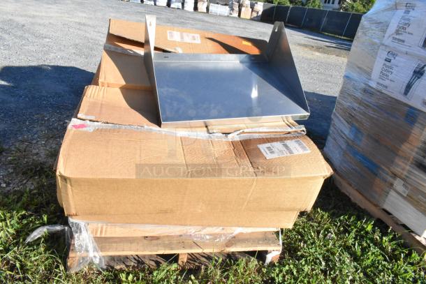 11 brand new scratch and dent items, including a stainless steel wall shelf on a pallet with packaging visible.