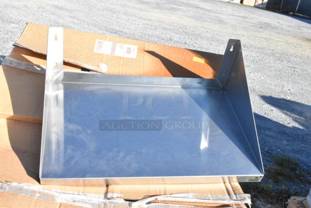 Stainless steel wall shelf, new condition, slight scratches. Includes poly bottles. Eleven items total. Auction lot, 11 times bid.