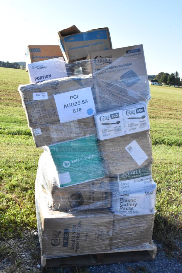 Pallet of boxed items including cold cups, hot cups, take-out containers, spoons, and trash bags. Labeled "PCI AUG25-53 876."