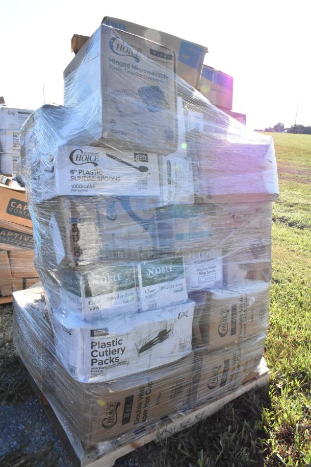 Bulk lot of 33 new scratch and dent items, including cold cups, hot cups, to-go containers, spoons, and trash bags, shrink-wrapped on a pallet.