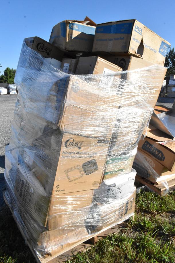 Stack of boxes with labels like "Choice Hinged Microwavable" and "Plastic Cutlery Pack," shrink-wrapped on a pallet. Scratch and dent condition.