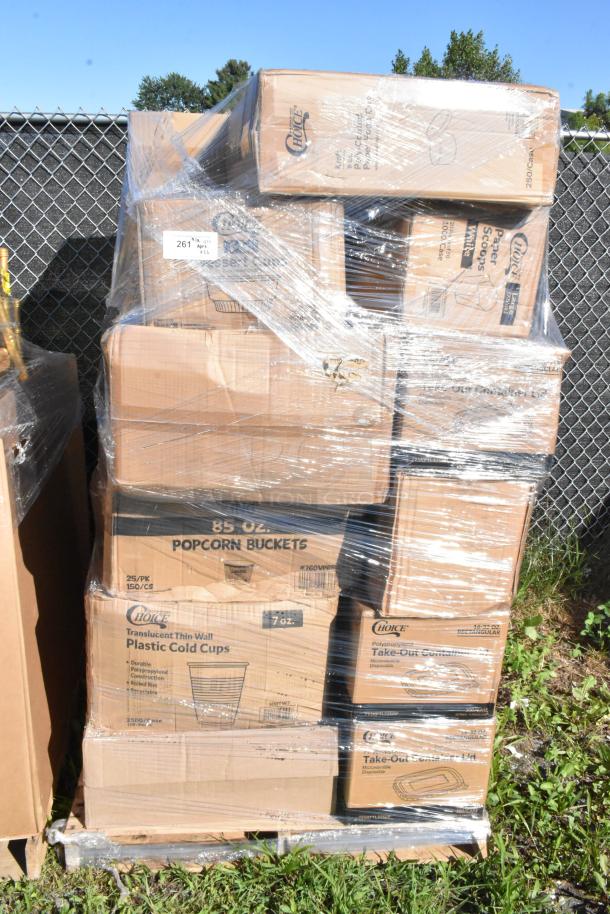 Pallet of assorted new scratch and dent items including dessert cups, cold cups, plastic plates, paper and trash bags, popcorn buckets, all in original packaging.