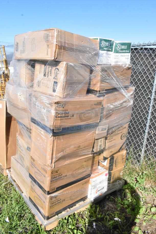 Pallet of 26 new scratch and dent boxes including dessert cups, cold cups, plastic plates, paper and trash bags.