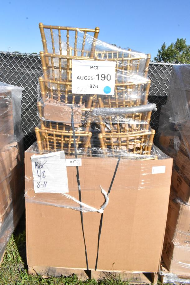 23 new Lancaster Table & Seating gold Chiavari chairs, minor scratches and dents, wrapped on pallet with auction tag.