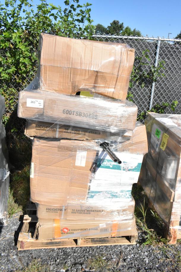 Pallet with 14 new scratch and dent items; includes stainless steel tables, Waterloo sinks, bar stool. Wrapped in plastic.