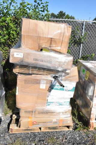 Pallet with 14 new scratch and dent items; includes stainless steel tables, Waterloo sinks, bar stool. Wrapped in plastic.