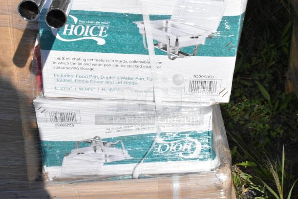 Stack of Choice brand chafing sets in packaging. Includes food pan, water pan, fuel holders, cover. New condition.