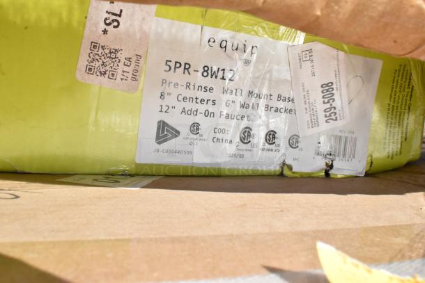 Box with a label reading "equip 5PR-8W12, Pre-Rinse Wall Mount Base, 8'' Centers, including NSF and CSA certifications."