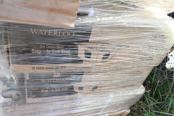 14 brand new Waterloo one-compartment drop-in sink bowls. 16-gauge stainless steel. Scratch and dent condition.