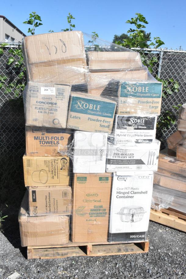 Pallet of assorted items including Noble gloves, Concorde plates, multi-fold towels, Choice containers. Scratch and dent condition.