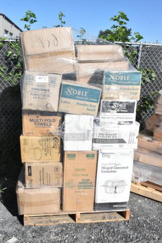 Pallet of assorted items including Noble gloves, Concorde plates, multi-fold towels, Choice containers. Scratch and dent condition.
