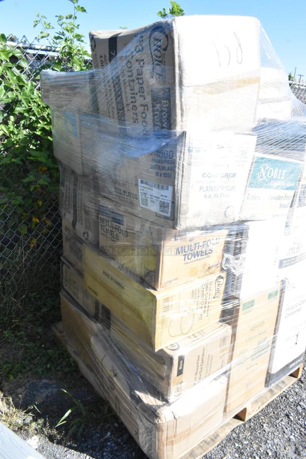 Pallet of 27 scratch and dent items, including Noble Multi-Fold Towels, Concorde Plates, and other retail products.