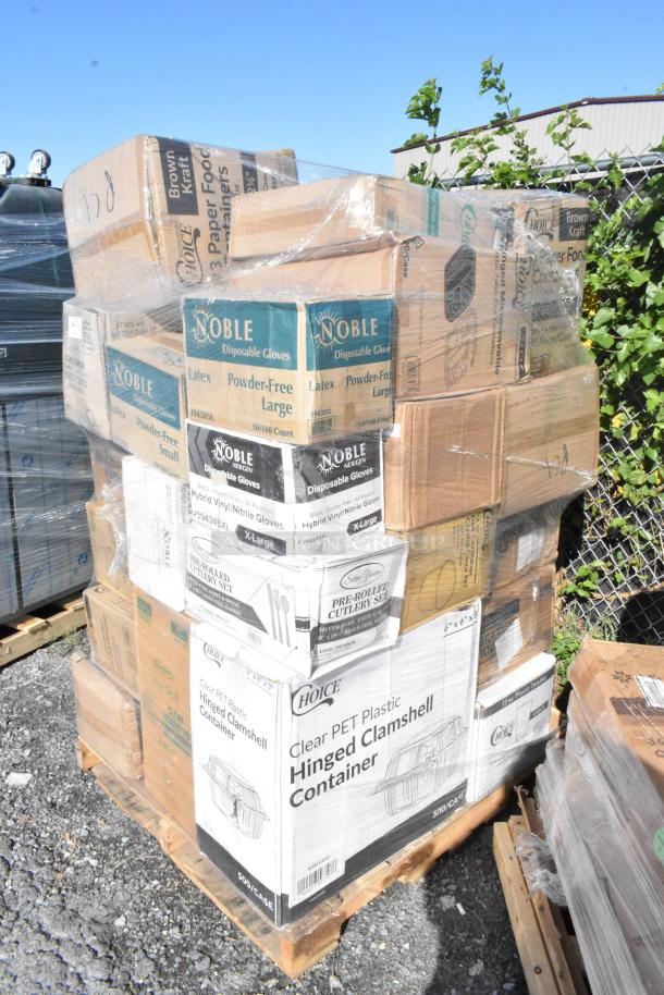Boxes of Noble disposable gloves, Choice plastic food containers, and paper products on a pallet. Scratch and dent items.