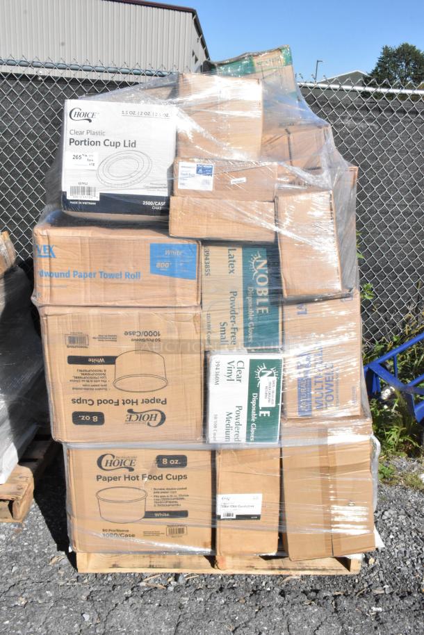 Pallet of scratch and dent items including Choice cold cups, lids, containers, napkins, and trash bags, wrapped in plastic.