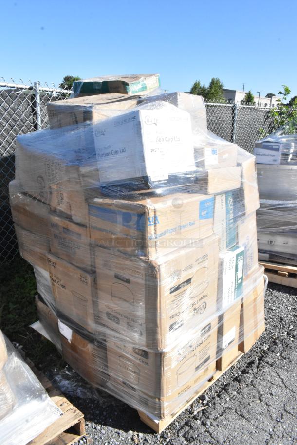 Pallet of 38 new scratch and dent items, including boxes of cold cups, lids, napkins, containers, and trash bags, shrink-wrapped.