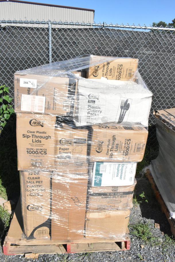 Pallet with 23 boxes of various food service items, including plastic lids, cutlery packs, containers, napkins, portion cups.