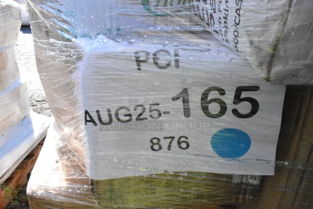 Shrink-wrapped pallet with a label reading "PCI AUG25-165, 876." Contains scratch and dent cold cups, banana split boats, containers.