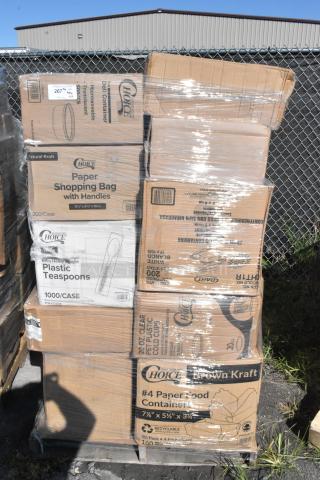 Boxes of 26 brand new items including to-go containers, napkins, and cups. Labels show "Choice" brand and product details.