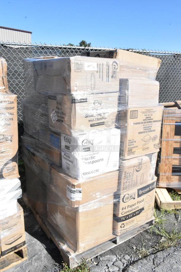 Pallet of 26 scratch and dent items includes to-go containers, napkins, cold cups, and toilet paper. Various brands visible.