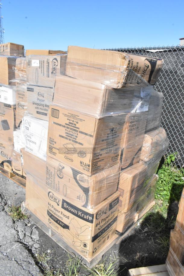 Pallet of 26 scratch and dent boxes, including to-go containers, napkins, cold cups, and toilet paper. Various brands visible.