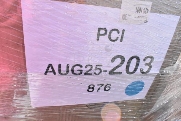 Plastic-wrapped pallet labeled "PCI AUG25-203, 876," containing 26 new scratch and dent items like to-go containers and napkins.