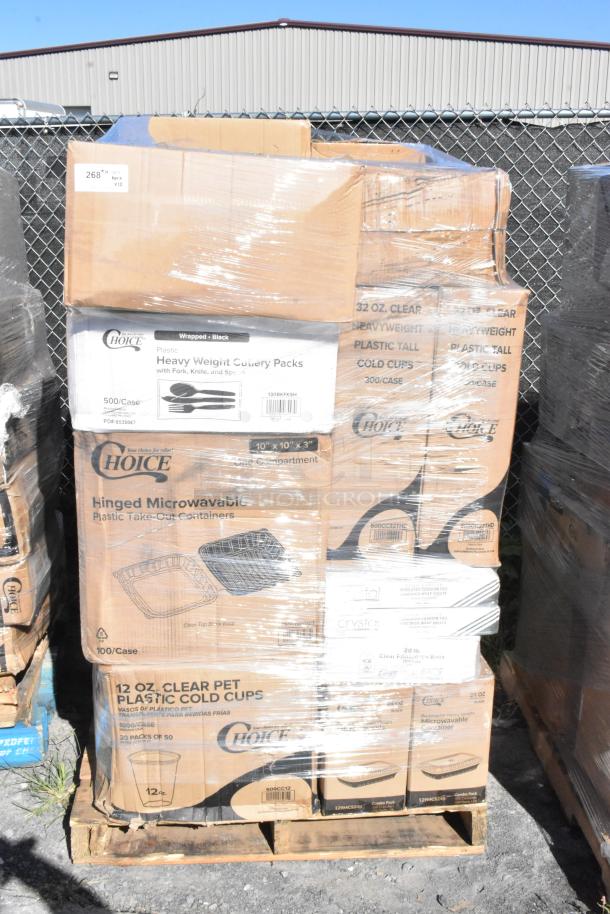28 items, new scratch and dent, including Choice cold cups, to-go containers, cutlery packs, and trash bags on a pallet.