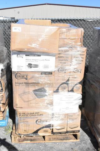 28 items, new scratch and dent, including Choice cold cups, to-go containers, cutlery packs, and trash bags on a pallet.