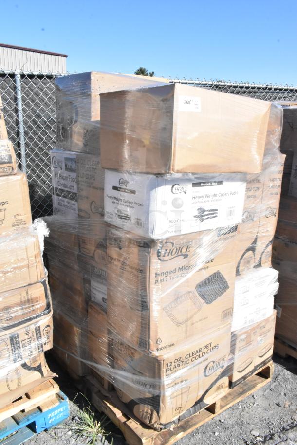 Stacked boxes of new scratch and dent items, including Choice cold cups, cutlery packs, and to-go containers on pallets.