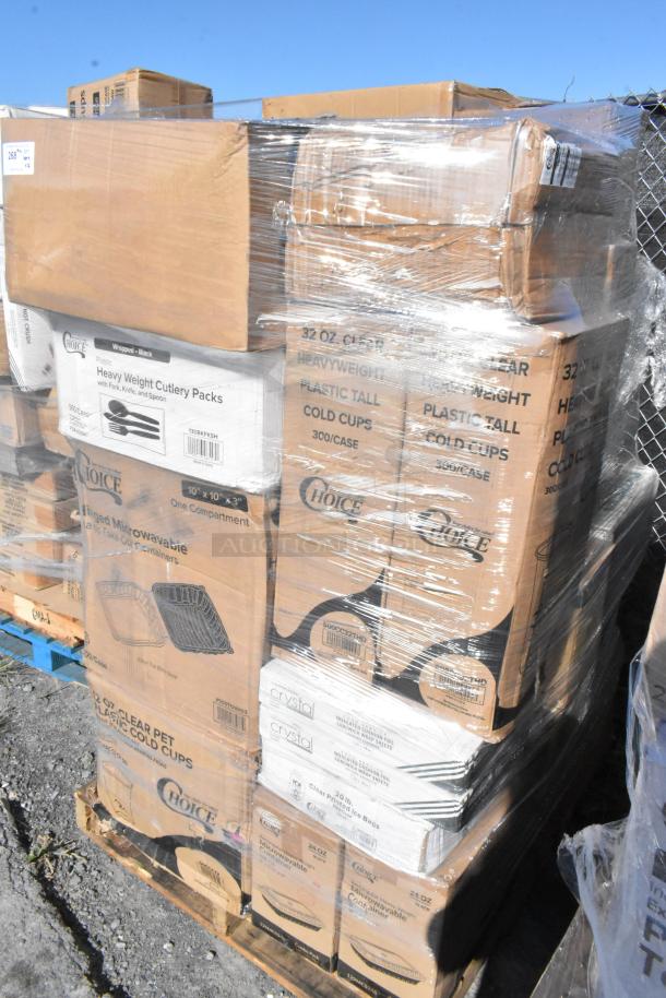 Stack of brand new scratch and dent items, including Choice cold cups, take-out containers, cutlery packs, on wooden pallet.