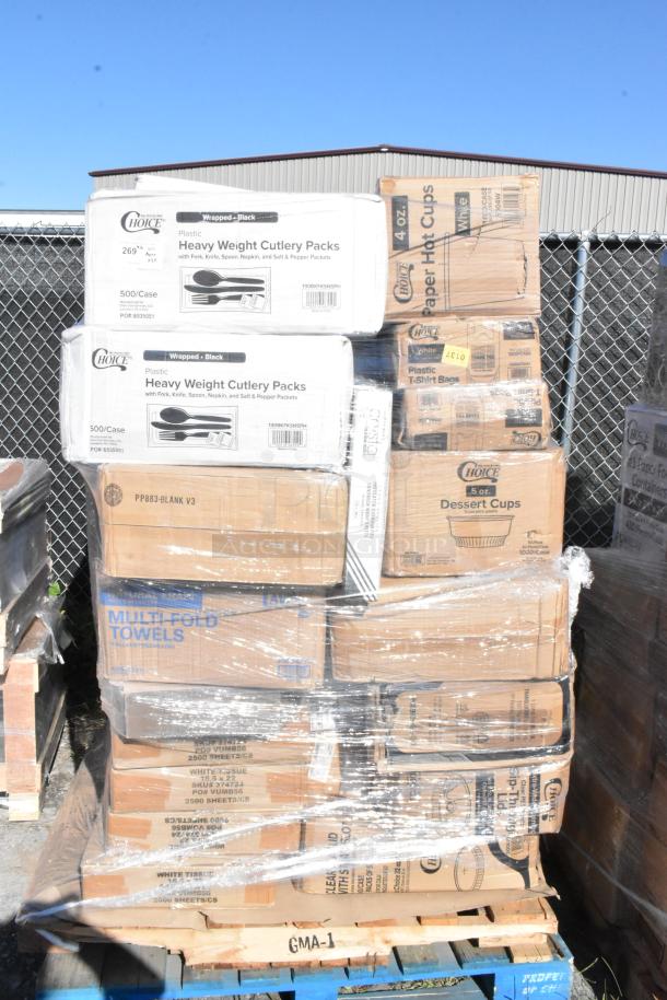 Pallet of 35 brand new choice scratch and dent items, including cutlery packs, cups, paper towels, wrapped in plastic.