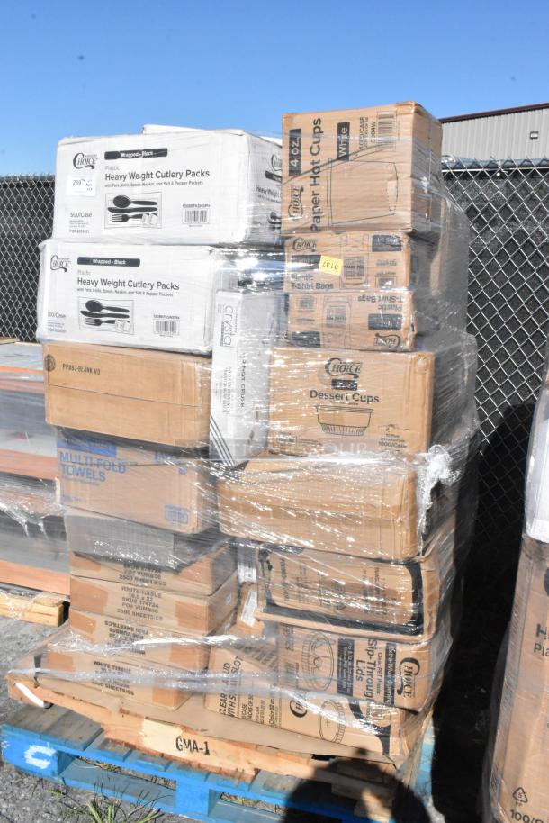 Pallet of assorted brand new scratch and dent items including boxed cutlery packs, paper hot cups, and trash bags.