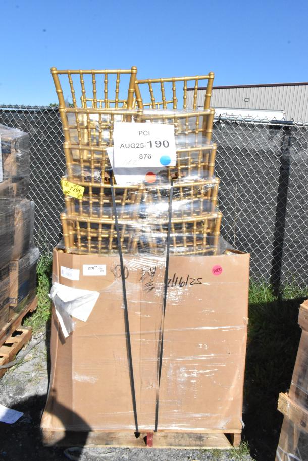 24 new Lancaster Table & Seating gold Chiavari chairs, scratch and dent condition, packaged on pallet with auction signs.