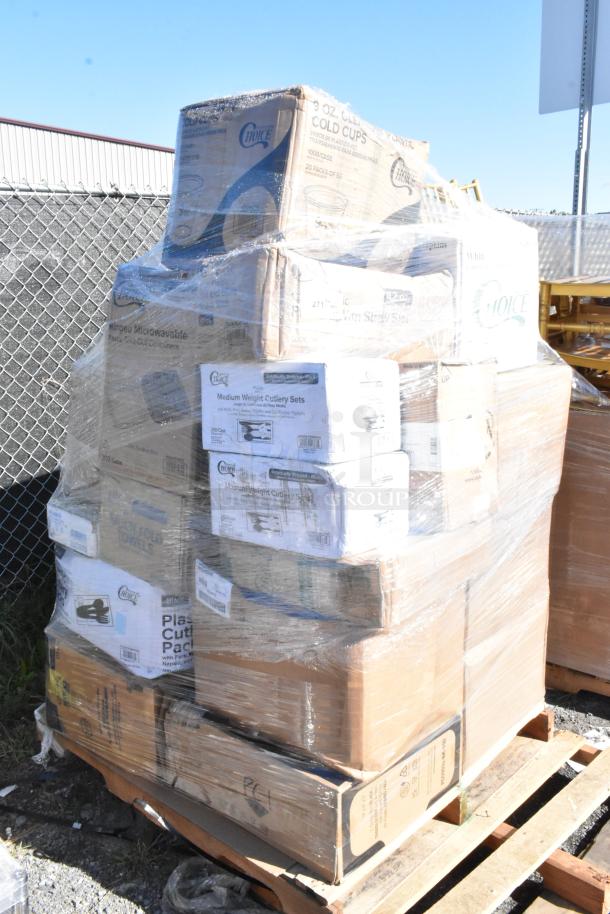 Pallet of various boxed kitchen items, shrink-wrapped, mostly labeled "Choice," including napkins, plastic cutlery, and more.