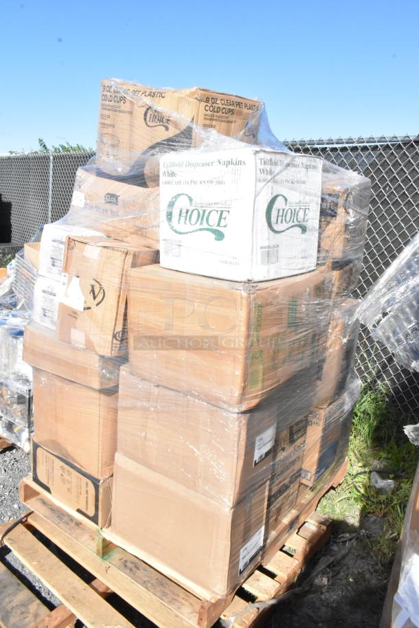 Pallet with boxes labeled "Choice," containing napkins, ice bags, pie pans, and sandwich wrap. New, scratch and dent.
