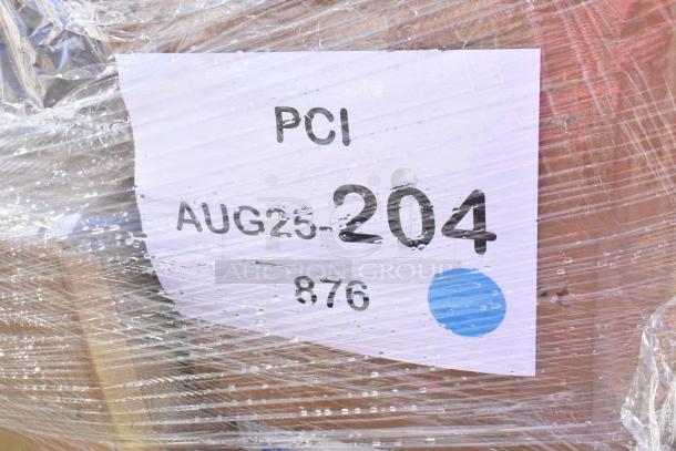 Plastic-wrapped pallet with a label marked "PCI AUG25-204 876" and a blue dot, containing scratch and dent items.