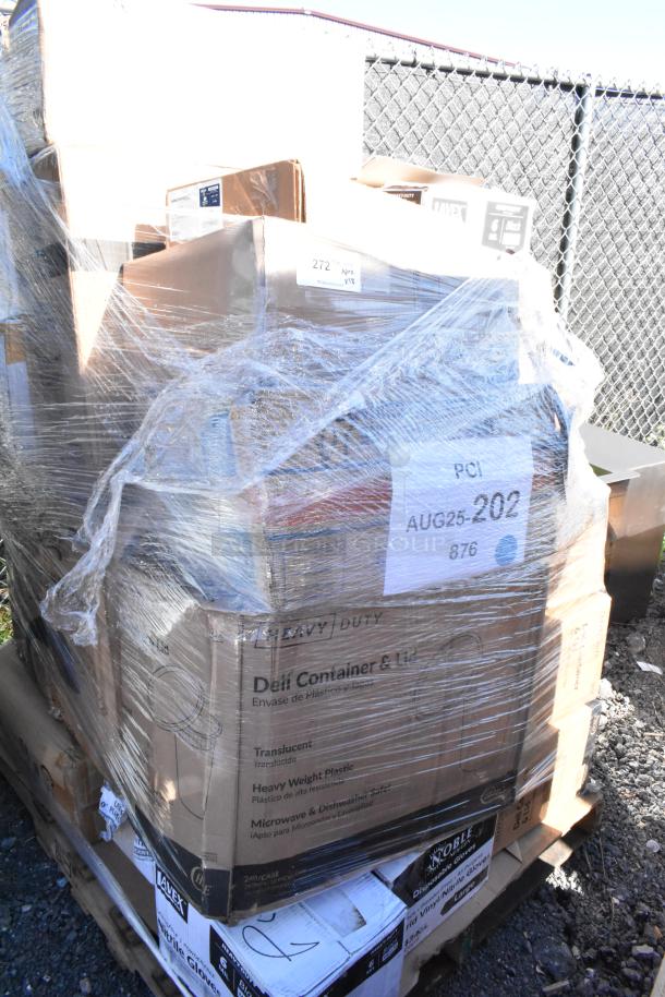 Shrink-wrapped pallet of 28 new scratch and dent items, includes deli containers, nitrile gloves, cold cups, napkins, trash bags.