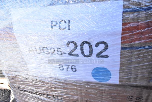 Pallet wrapped in plastic labeled "PCI AUG25-202 876," containing 28 scratch-and-dent items like cups and napkins. 