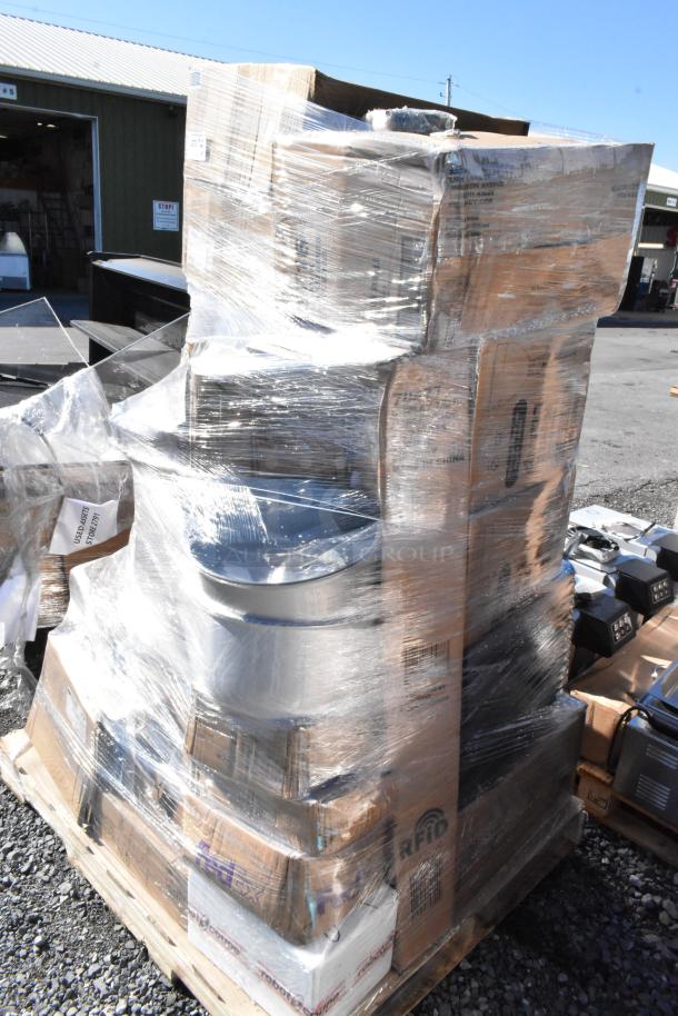 Pallet of 28 scratch and dent items wrapped in plastic, including boxes of cutting boards, medicine cabinets, and glasses.