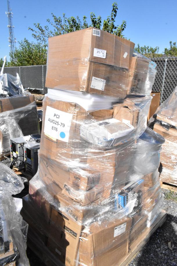 Shrink-wrapped pallet of 28 new scratch and dent items, including cutting boards and medicine cabinets, with visible labels.