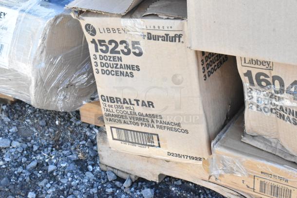 Libbey DuraTuff Gibraltar glasses, 3 dozen boxes, 12 oz, tall cooler style, new scratch and dent, on pallet.