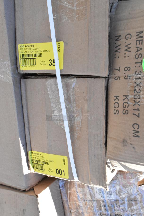 Cardboard boxes with Mid America labels, indicating "Square Mount 10pk". Scratch and dent condition.