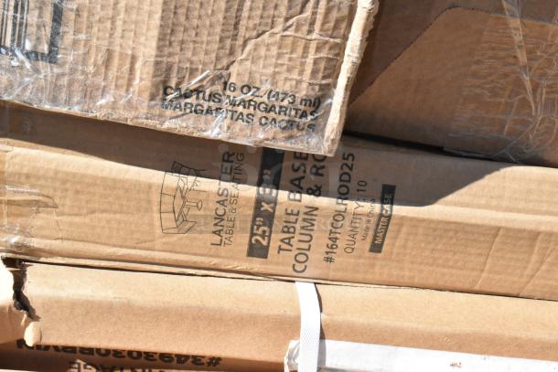 Boxes labeled "Lancaster Table & Seating 25x3.5 Table Base Column & Rod" and "Cactus Margarita Glasses 16 oz."