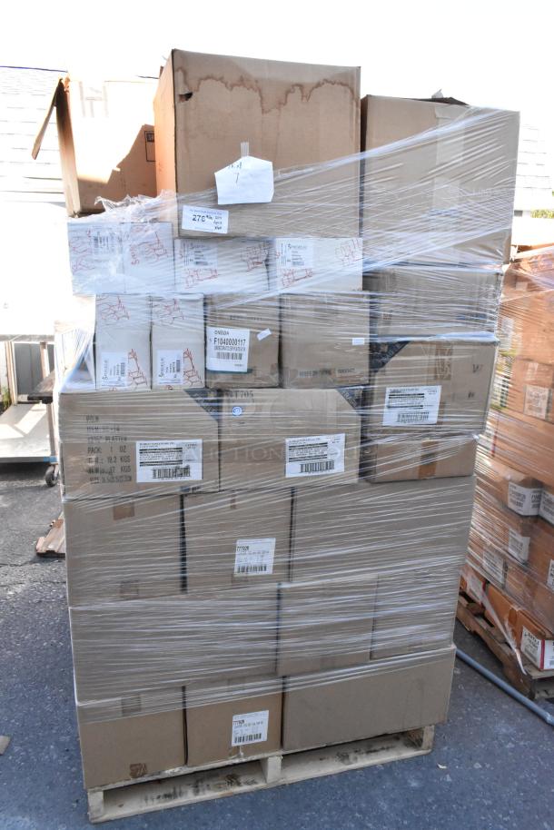 Pallet of 60 boxes labeled Oneida glassware. Items are scratch and dent condition, shrink-wrapped. Various item codes visible.