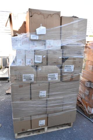 Pallet of 60 boxes labeled Oneida glassware. Items are scratch and dent condition, shrink-wrapped. Various item codes visible.