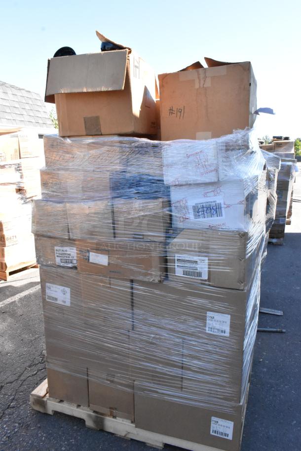 Pallet of assorted glassware items in boxes, shrink-wrapped, labeled with barcodes and "#191," brand new scratch and dent.