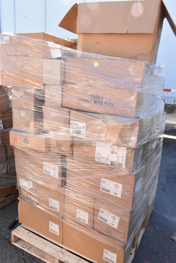 Pallet of 60 boxed glassware items, labeled "Fragile, Handle With Care," brand new with scratch and dent.