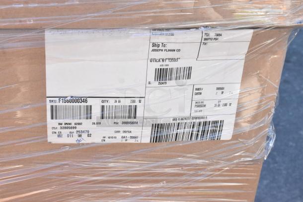 Cardboard box with labels, SKU: F1560000346, containing glassware. Ships to Joseph Flihan Co, Utica. Wrapped in plastic film.