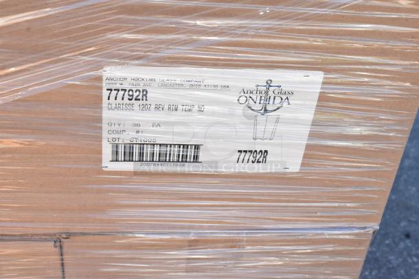 Box with Anchor Hocking label for Clarisse 12oz beverage glasses, model 77792R, 36 units, lot C1005, wrapped in plastic.